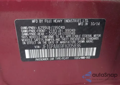 2015 Subaru Impreza 2.0I из США, поврежденный, VIN JF1GPAA69FH205836